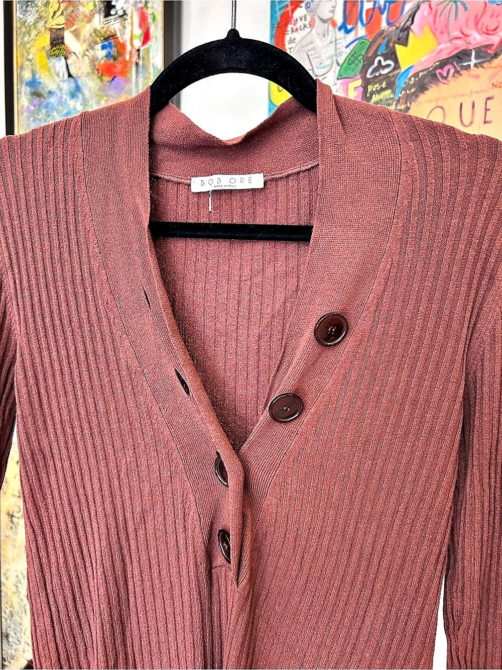 Bob Ore Ribbed Button-Front Cardigan in Brown - Picture 2 of 3